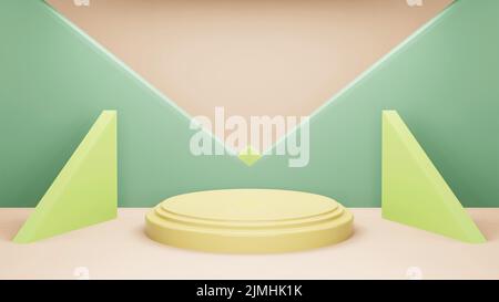 Podio 3D sfondo verde giallo minimo scena con piattaforma geometrica. Sfondo 3D rendering con podio. Podio da mostrare cos Foto Stock