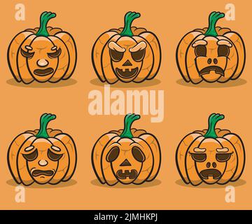 Un disegno vettoriale della mascotte del fumetto di sei modelli di Pumpkins di espressione con tema di Halloween Illustrazione Vettoriale