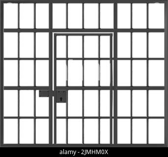 Gabbia di prigione con porta chiusa a chiave, prigione con barre metalliche nere isolate su sfondo bianco. Recinzione di ferro e porta dettagliata, istituzione criminale grate rea Illustrazione Vettoriale