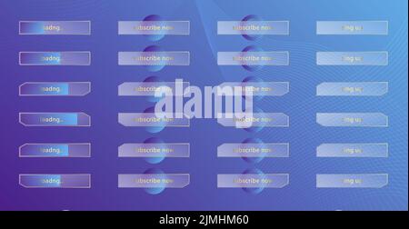 Effetto morfismo vetroso. Set di bottoni e barre di caricamento in acrilico smerigliato trasparente. Cerchi blu su sfondo viola. Realistico Illustrazione Vettoriale