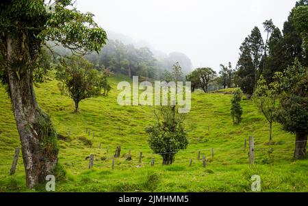 Bella campagna costaricana con ricche colline verdi Foto Stock