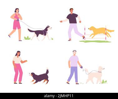 Attività di uomini e donne e cani domestici. Persone che camminano con animali domestici. I personaggi maschili e femminili addestrano i cuccioli, trascorrendo del tempo libero insieme. Proprietario Illustrazione Vettoriale