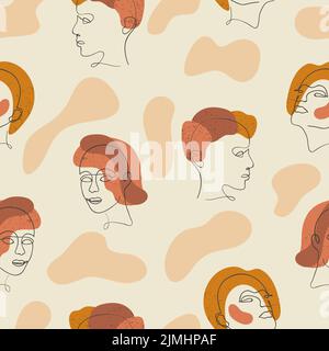 Modello astratto senza giunture con facce femminili. Sfondo vettoriale trendy con ritratti femminili. Design minimalista. Illustrazione Vettoriale