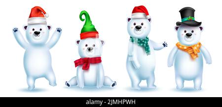 Set di vettori per i caratteri dell'orso polare. Orso di Natale 3D carino personaggio in gesto divertente e giocoso con cappello e sciarpa per la collezione di animali invernali di Natale. Illustrazione Vettoriale