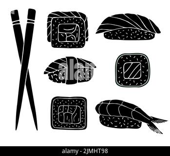 Set vettoriale bundle di boodle disegno a mano sushi roll silhouette isolato su sfondo bianco Illustrazione Vettoriale