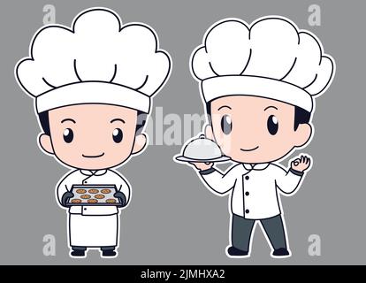 Il personaggio di Chibi Kawaii è un ragazzo carino in uniforme di uno chef che tiene in mano un piatto Illustrazione Vettoriale