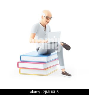 3d uomo anziano seduto su libri con computer portatile, illustrazione isolata su sfondo bianco Foto Stock