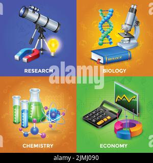 Set di concept di progettazione Science 2x2 con apparecchiature per la biologia chimica e l'illustrazione del vettore di ricerca fisica Illustrazione Vettoriale