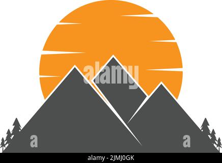 Un disegno vettoriale del logo icona Montagne e l'illustrazione icona sole isolato su uno sfondo bianco Illustrazione Vettoriale