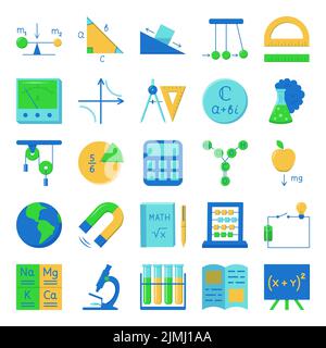 Icone per l'istruzione in stile piatto. Simboli del concetto di scuola e apprendimento. Illustrazione vettoriale. Illustrazione Vettoriale
