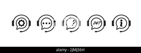 Set di icone di linea vettoriale correlate al supporto. Include icone quali operatore, cuffia, ricevitore, finestra di dialogo. Illustrazione Vettoriale