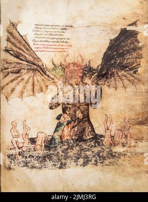 Foglio manoscritto antico. Libro gotico con illustrazione satanica dell'inferno. Foto Stock