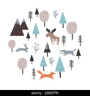 Carino illustrazione di vettore animale della foresta per i capretti. Stile Scandinaviаn. Illustrazione Vettoriale