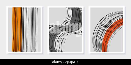 Set di poster astratti minimi. Modelli vettoriali geometrici alla moda con texture line art. Illustrazione Vettoriale