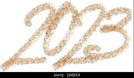 2023 Felice Anno Nuovo. Testo dorato con trama glitterata oro. Stampa calligrafica scritta a mano. Vettore. Illustrazione Vettoriale