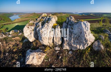 Ucraina senza aggressione russa. Splendida vista sulle sorgenti del Dnister River Canyon con rocce pittoresche, campi e fiori. THI Foto Stock