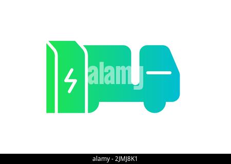 Icona carica carrello elettrico nella stazione di carica. Simbolo di gradiente verde per la carica di energia del camion elettrico. Cartello di ricarica elettronica eco-compatibile. Logo eps per il trasporto EV alimentato da batteria vettoriale Illustrazione Vettoriale