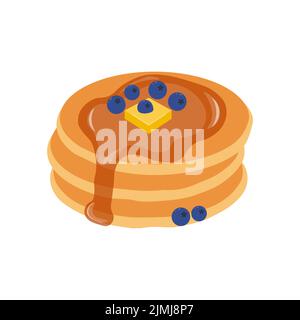 Pancake con sciroppo, pezzo di burro e mirtilli isolati su bianco. Illustrazione vettoriale Illustrazione Vettoriale