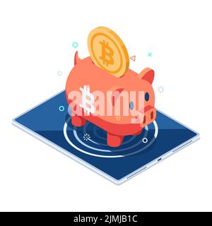 Flat 3D Isometric Bitcoin Piggy Bank su Tablet digitale. Bitcoin salvataggio e Cryptocurrency hardware Wallet concetto. Illustrazione Vettoriale