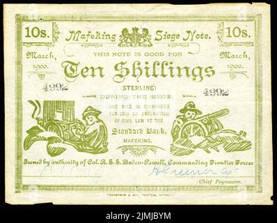 Assedio di Mafeking, 10 Shillings Boer valuta di guerra emessa da autorità del colonnello Robert Baden-Powell. Foto Stock