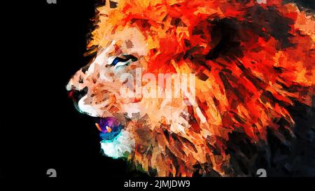 Ritratto astratto dipinto in digitale di un leone africano maschio isolato su sfondo nero Foto Stock