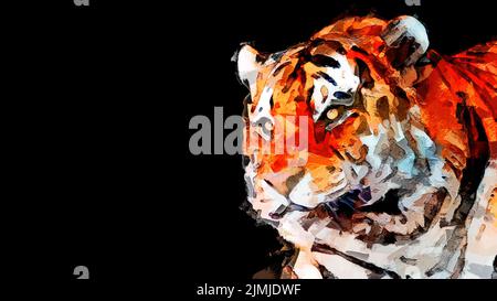 Ritratto digitale di una tigre isolato su sfondo nero con spazio per il testo Foto Stock