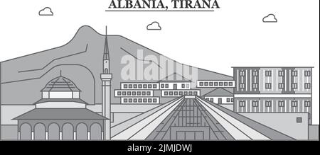 Albania, città di Tirana skyline isolato vettore illustrazione, icone Illustrazione Vettoriale