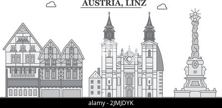 Austria, Linz città skyline isolato vettore illustrazione, icone Illustrazione Vettoriale