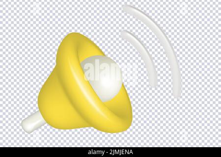 Icona a campana gialla lucida in cartoni animati in plastica su trasparente. Avviso sui social media, promemoria evento, sveglia. Notifica messaggio, icona per utente Illustrazione Vettoriale