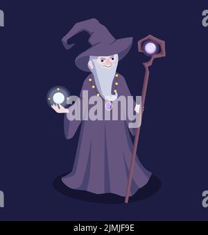 Illustrazione piatta del mago sapiente medievale in un cappello Illustrazione Vettoriale