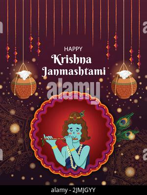 Felice sfondo Krishna Janmashtami con matki, makhan, flauto, piume di pavone. Poster del Dahi Handi Mandala Festival. Biglietto d'auguri, banner, social Illustrazione Vettoriale