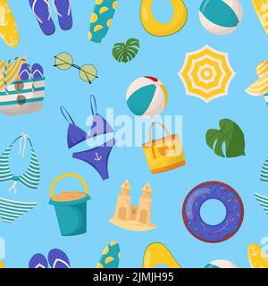 Set di graziosi elementi estivi: Tavola da surf, cocktail, borsa, cappello, palma, bikini, infradito, ombrellone, palla, castello di sabbia, lifebuoy. Estate Illustrazione Vettoriale