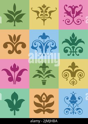 Un set di icone e decorazioni vintage floreali vettoriali Illustrazione Vettoriale