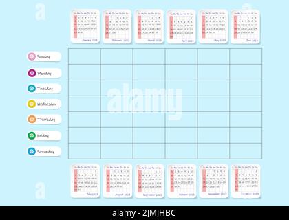 Calendario per il 2023. La settimana inizia domenica. Illustrazione Vettoriale