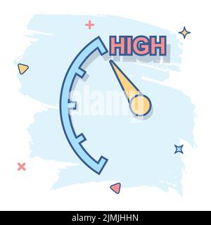 Icona cartoon di alto livello in stile fumetto. Pittogramma indicatore tachimetro, indicatore contagiri. Concetto di business splash misuratore di rischio. Illustrazione Vettoriale