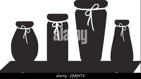 Silhouette di vasi floreali in ceramica con decorazioni a corda su ripiano. Stile cartoon. Illustrazione vettoriale isolata. Illustrazione Vettoriale