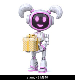 Cute rosa ragazza robot che tiene piccola scatola regalo 3D Foto Stock