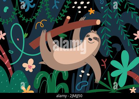 Cute sloth appeso su un ramo di albero in verde foresta pluviale con palme, adorabile animale giungla, pigro tropico mammifero, vettore disegno a mano illustrazione Illustrazione Vettoriale