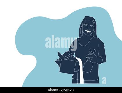 Impresa di pulizia personale in uniforme, set di due pose. La donna dei cartoni animati di detergente con il pollice fino gesto e con benna piena di detergenti. Vettore Illustrazione Vettoriale