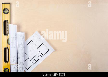 Piano piano di piani architettonici piani scrivania con spazio copia Foto Stock