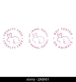 Non testato su set di etichette per animali. Badge circolare cruelty gratuito con coniglio. Illustrazione Vettoriale