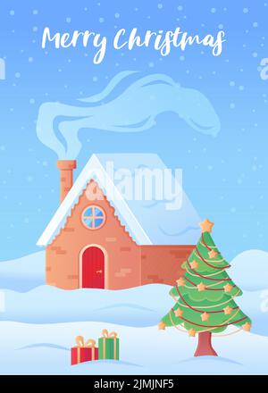 Buon biglietto di auguri di Natale Casa invernale con camino affumicato Illustrazione Vettoriale