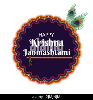 Felice Krishna Janmashtami Hindu Festival Tipografia Mandala Graphic Resource con flauto e piume di pavone. Sito Web, post sui social media, saluto Illustrazione Vettoriale