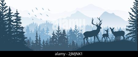 Banner orizzontale. Silhouette di cervo, capriolo, fawn in piedi sul prato in Forrest. Silhouette di animali, alberi, erba. Magico paesaggio, nebbia, moun Illustrazione Vettoriale