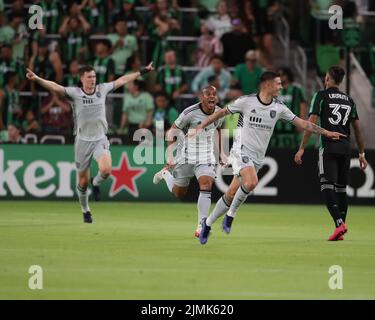 Austin, Texas, Stati Uniti. 6th ago 2022. I terremoti di San Jose celebrano un gol durante una partita di calcio della Major League presso l'Austin FC il 6 agosto 2022 ad Austin, Texas. La partita è terminata con un pareggio del 3-3. (Credit Image: © Scott Coleman/ZUMA Press Wire) Foto Stock