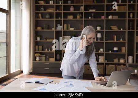 Felice maturo grigio capelli freelance business donna in piedi al tavolo Foto Stock