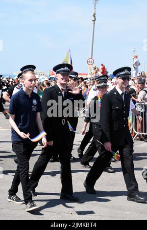 Brighton, Regno Unito. 6th ago 2022. La sfilata annuale gay Pride si svolge lungo il mare. Credit: JOHNNY ARMSTEAD/Alamy Live News Foto Stock