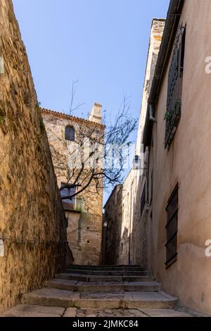 Stretta strada pedonale acciottolata che conduce attraverso gli edifici storici nel centro della città vecchia di Caceres Foto Stock