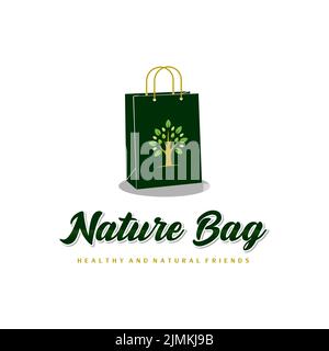 Shopping bag logo con albero icona per Natural shop Market Logo design ispirazione Illustrazione Vettoriale