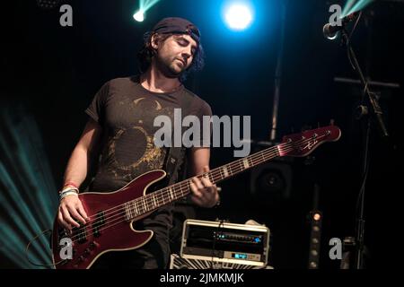 Nick Wragg, bassista della band folk britannica ferocious Dog suona dal vivo sul palco al Wickham Festival. Ferocious Dog è un gruppo di sei pezzi che si occupa di una vena vibrante di punk rock infuso dai Celtic-folk, comodamente adagiato tra Billy Bragg e i Levelers. La band ha headline tour del Regno Unito e dell'Europa, eseguito in Kenya e Dubai, festival come Bearded Theory, Alchemy, Deerstock, Farmer Phil's Festival, Splendor, Lowlands (Paesi Bassi), Glastonbury Festival e Beautiful Days tra molti altri. (Foto di Dawn Fletcher-Park/SOPA Images/Sipa USA) Foto Stock